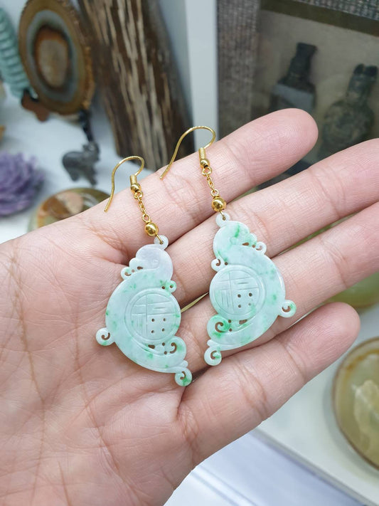 Authentic Jade Phoenix Earrings Type A Myanmar Jadeite and Solid 9K Gold