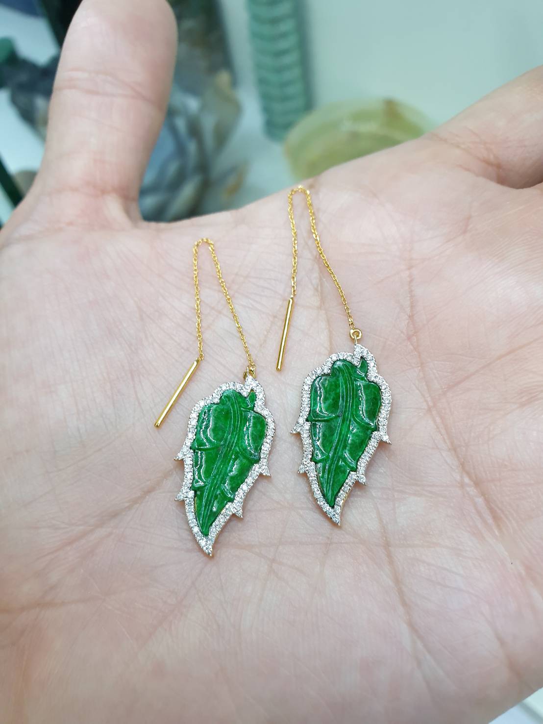 Jade Leaf Threader Earrings | Imperial Green Natural Jadeite | 18K Gold & Diamonds