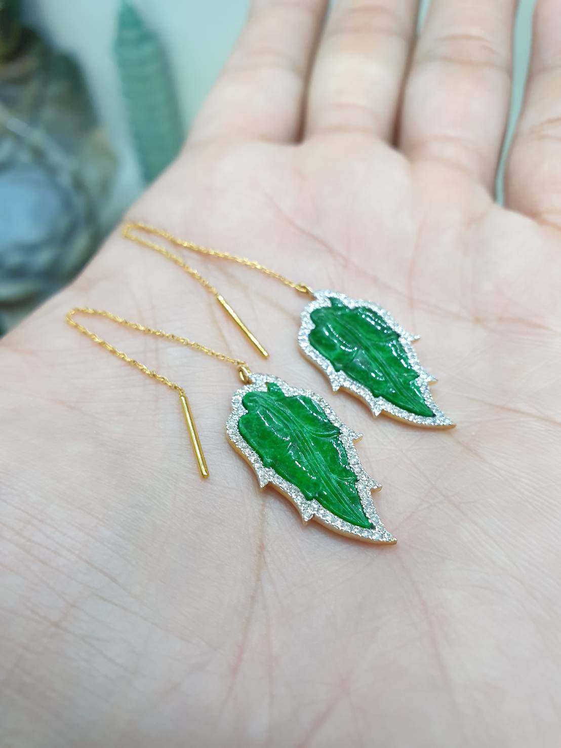 Jade Leaf Threader Earrings | Imperial Green Natural Jadeite | 18K Gold & Diamonds