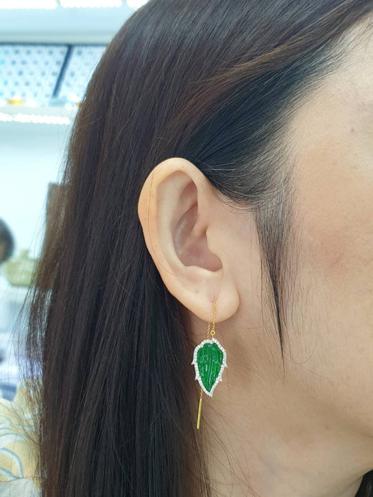 Jade Leaf Threader Earrings | Imperial Green Natural Jadeite | 18K Gold & Diamonds