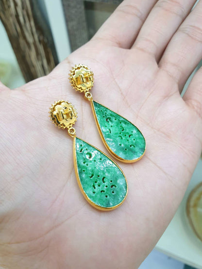 Jade Ru Yi Drop Earrings | 18K Gold & Diamonds | Vibrant Green Type A Natural Jadeite