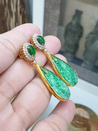 Jade Ru Yi Drop Earrings | 18K Gold & Diamonds | Vibrant Green Type A Natural Jadeite