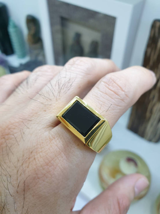 Type A Natural Black Jadeite Signet Ring Solid 9K Gold US 11