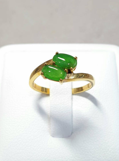 Vibrant Green Jade Twin Cabochon Lady’s Ring (Size 6 US) | Solid 14K Gold | Type A Natural Jadeite