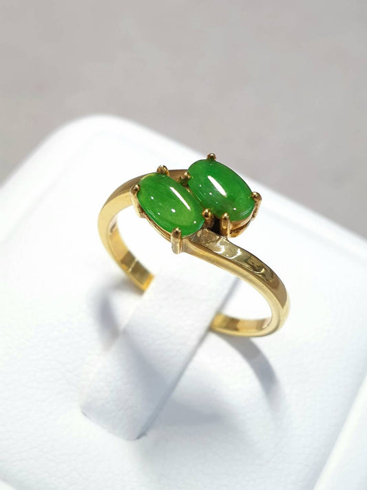 Vibrant Green Jade Twin Cabochon Lady’s Ring (Size 6 US) | Solid 14K Gold | Type A Natural Jadeite