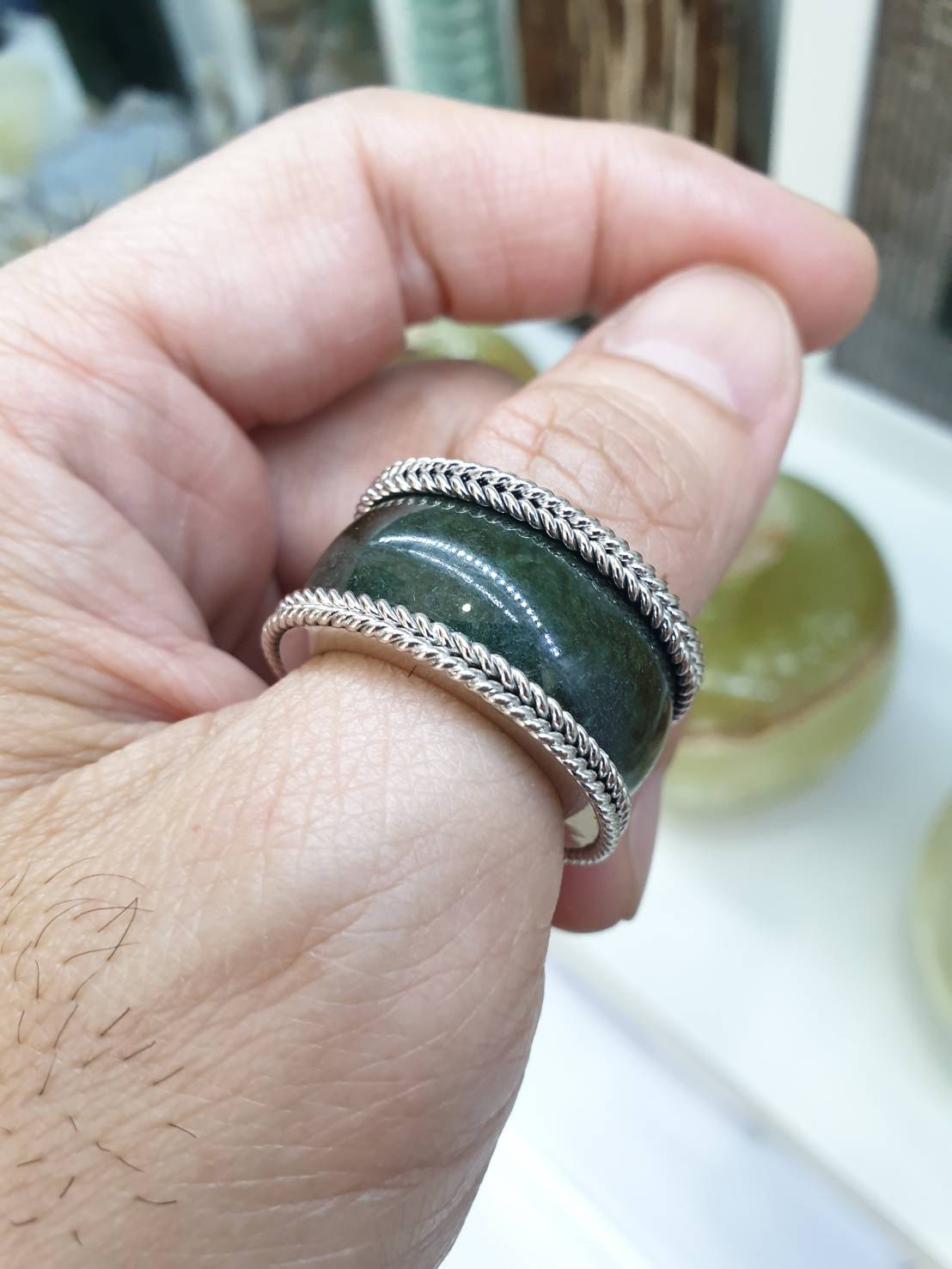 Black-Green Jade Archer’s Ring (S 9.75 US) | Sterling Silver | Type A Natural Jadeite