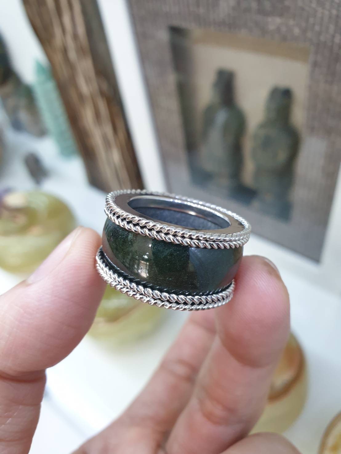 Black-Green Jade Archer’s Ring (S 9.75 US) | Sterling Silver | Type A Natural Jadeite