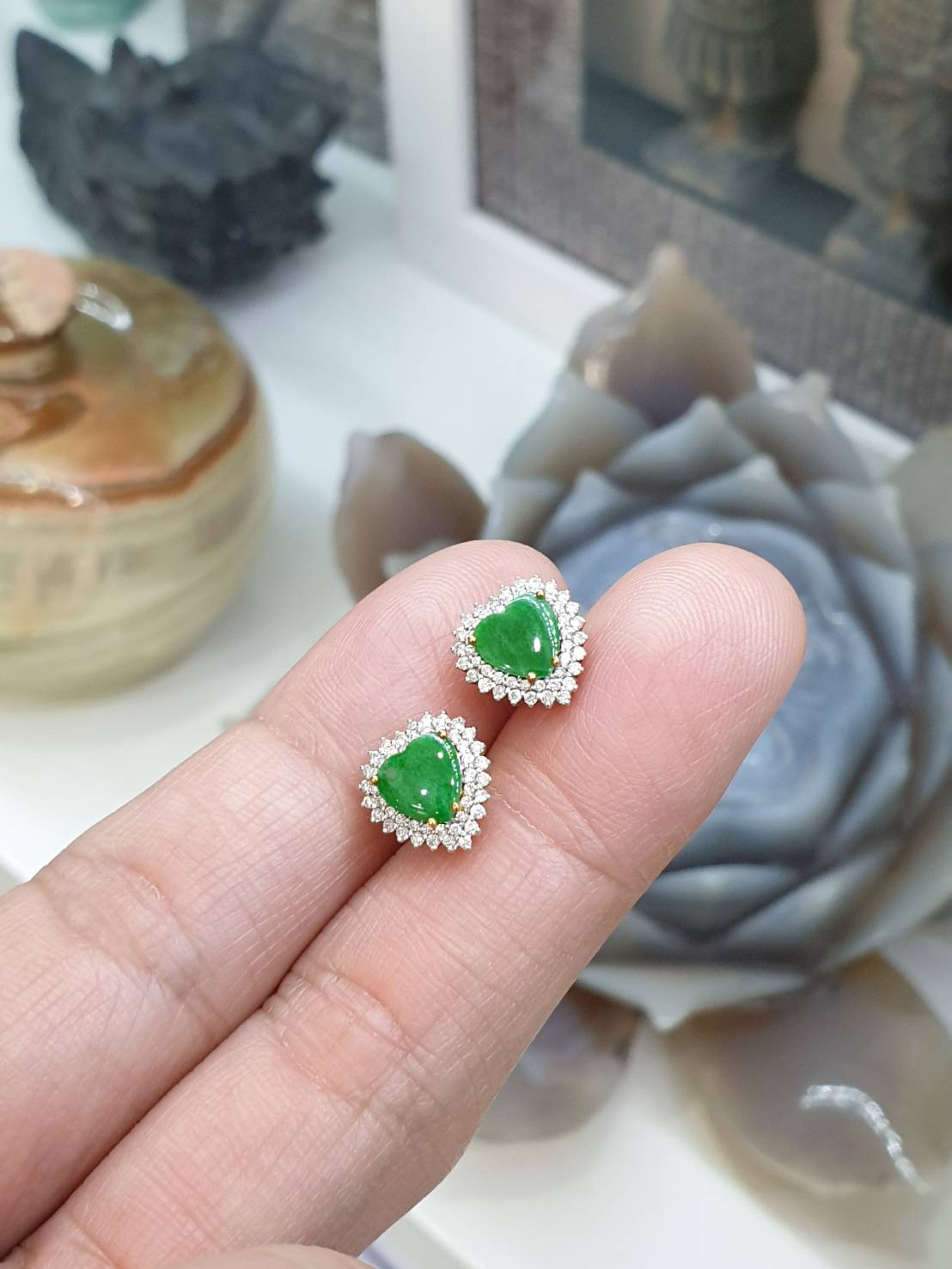 Jade & Diamond Heart Earrings | 18K Gold Studs | Fei Cui Type A Natural Jadeite