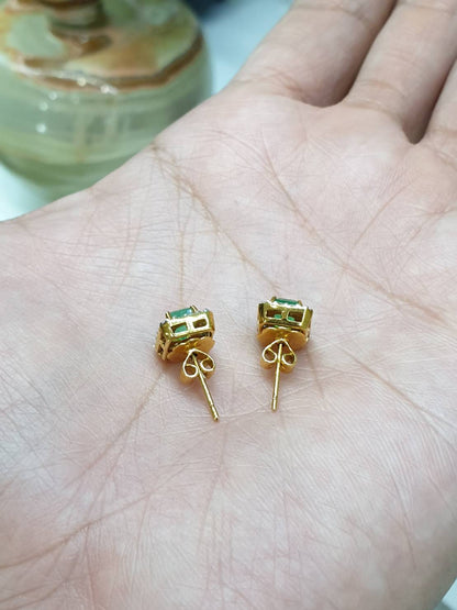 Emerald & Diamond Stud Earrings | 14K Gold Fine Jewelry
