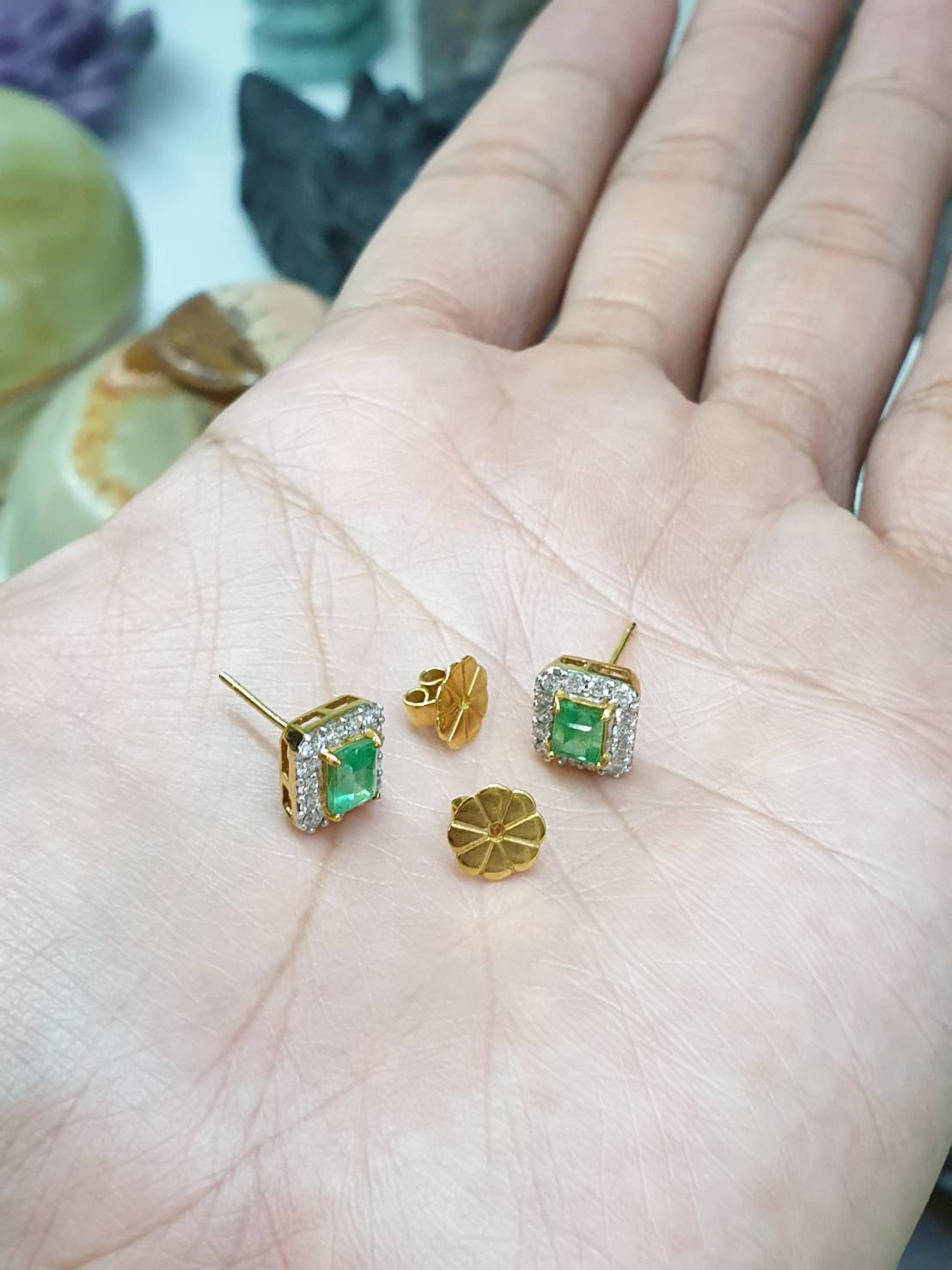 Emerald & Diamond Stud Earrings | 14K Gold Fine Jewelry