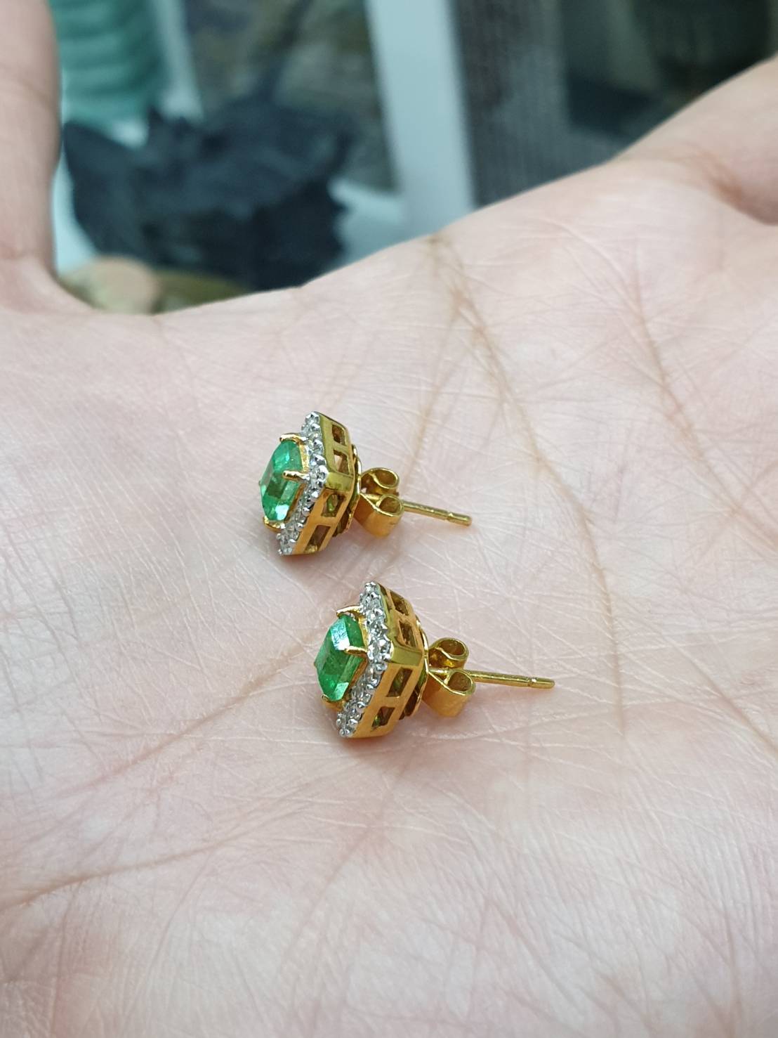 Emerald & Diamond Stud Earrings | 14K Gold Fine Jewelry