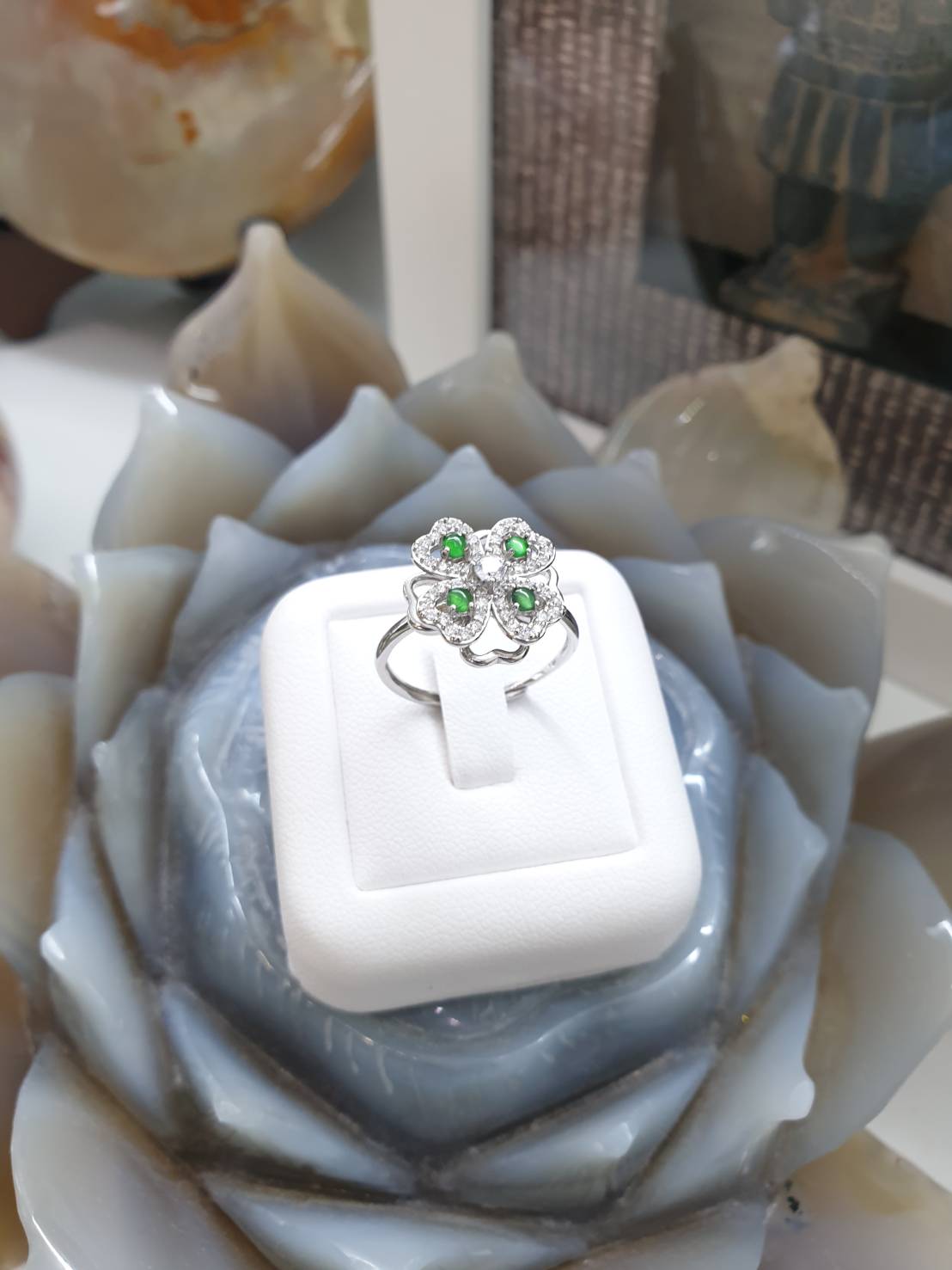 4-Leaf Clover Jade Spinning Ring | Sterling Silver | Type A Natural Jadeite