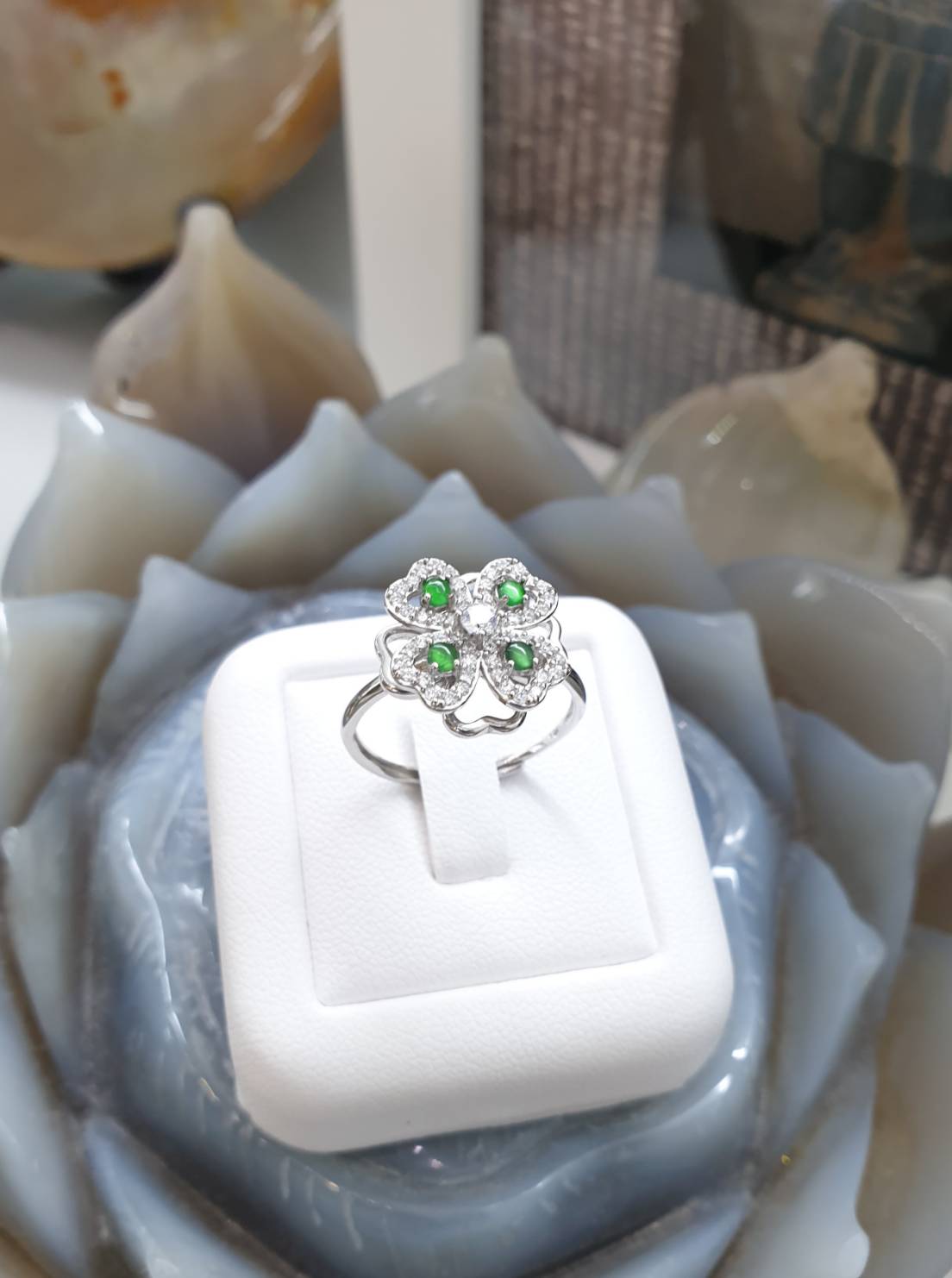 4-Leaf Clover Jade Spinning Ring | Sterling Silver | Type A Natural Jadeite