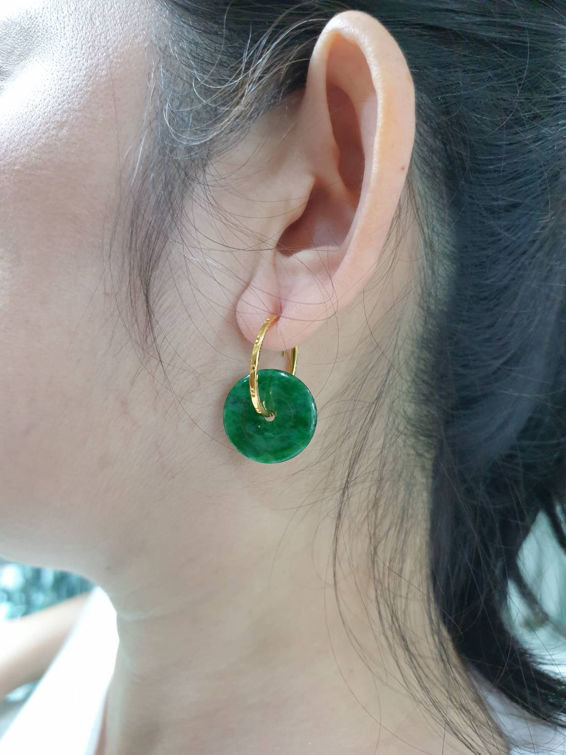 Jade Ping An Kou Loop Earrings | Solid 22K Gold | Fei Cui Type A Natural Jadeite