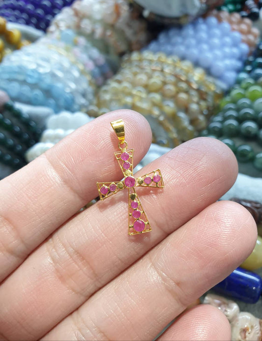 18K Gold Cross Pendant Studded with Red Rubies