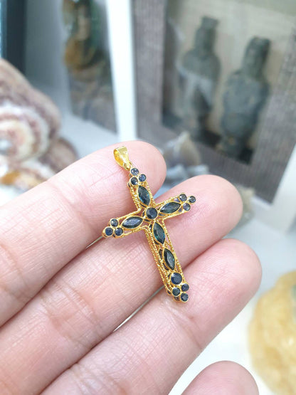 Blue Sapphire Cross Pendant | Solid 18K Gold | His or Hers