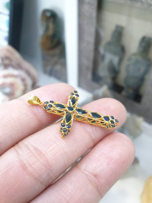 18K Gold Blue Sapphire Cross Pendant Marquise Cut Natural Teal Blue Gemstone