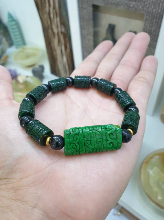 Jade Prosperity Bracelet with Ru Yi, Lu & 24K Gold Beads | Type A Natural Jadeite | His or Hers Statement Bracelet