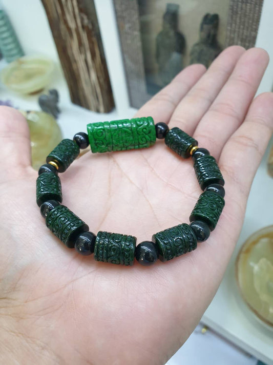 Jade Prosperity Bracelet with Ru Yi, Lu & 24K Gold Beads | Type A Natural Jadeite | His or Hers Statement Bracelet