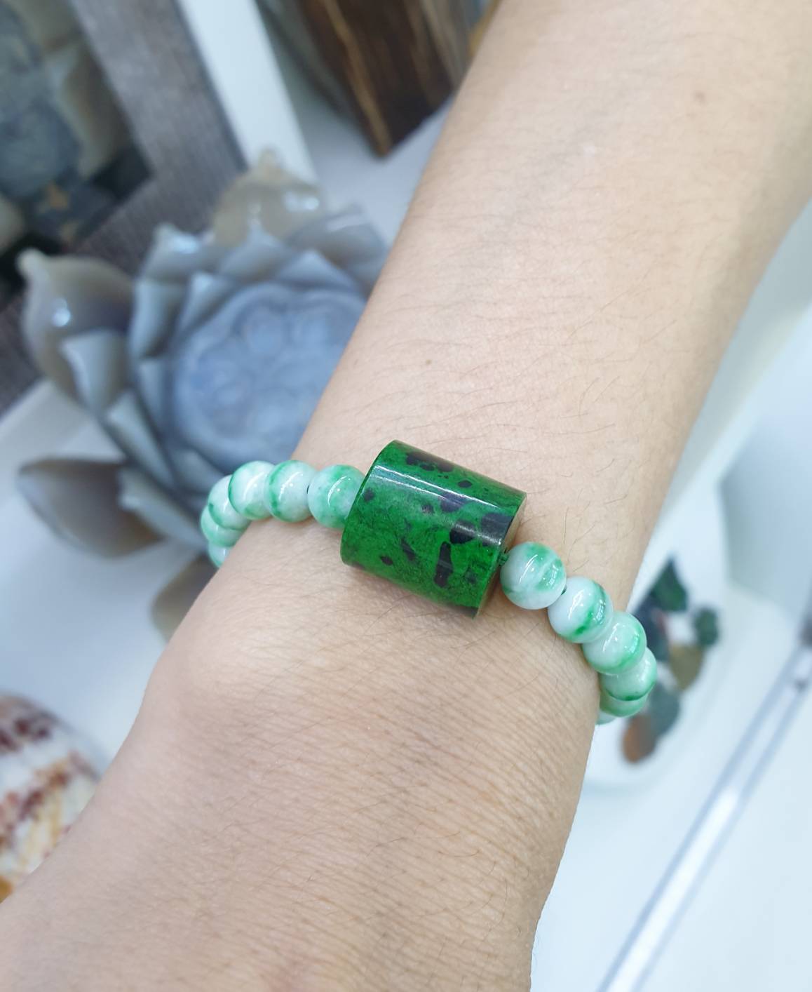 Moss in Snow Jade Bracelet with Mawsitsit | Fei Cui Type Natural Jadeite & Mawsitsit