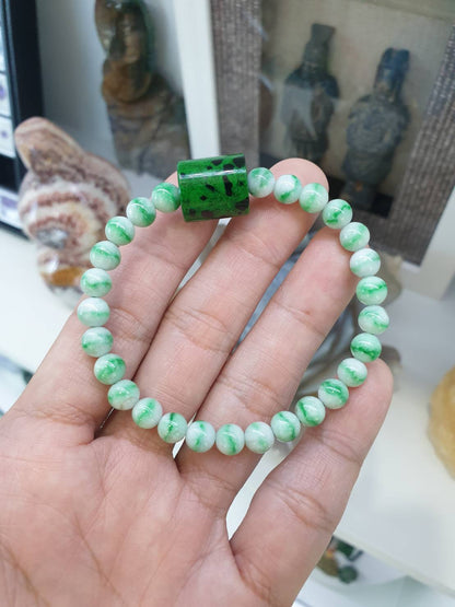 Moss in Snow Jade Bracelet with Mawsitsit | Fei Cui Type Natural Jadeite & Mawsitsit