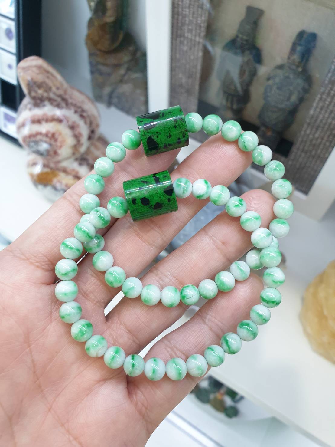 Moss in Snow Jade Bracelet with Mawsitsit | Fei Cui Type Natural Jadeite & Mawsitsit