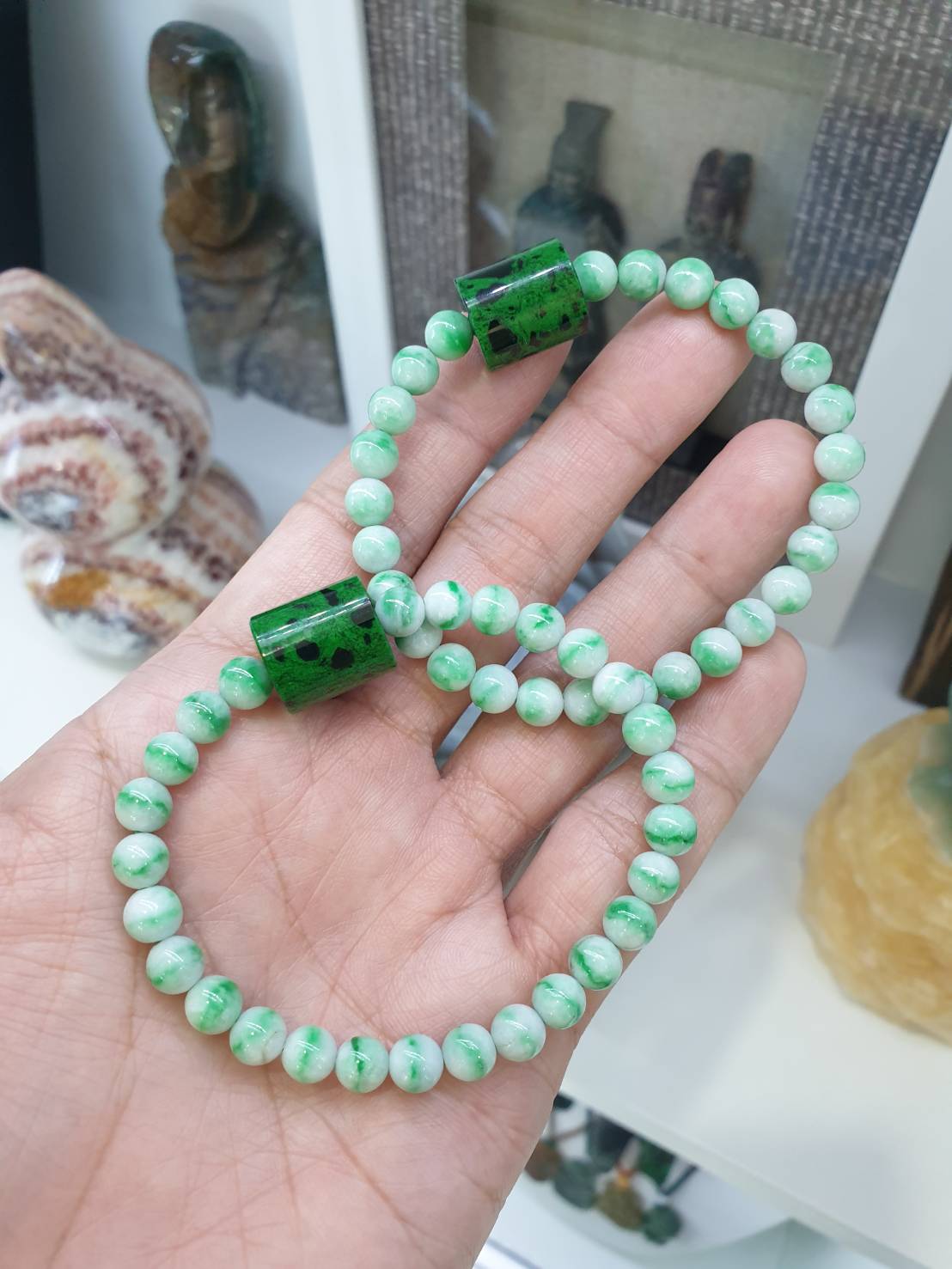 Moss in Snow Jade Bracelet with Mawsitsit | Fei Cui Type Natural Jadeite & Mawsitsit