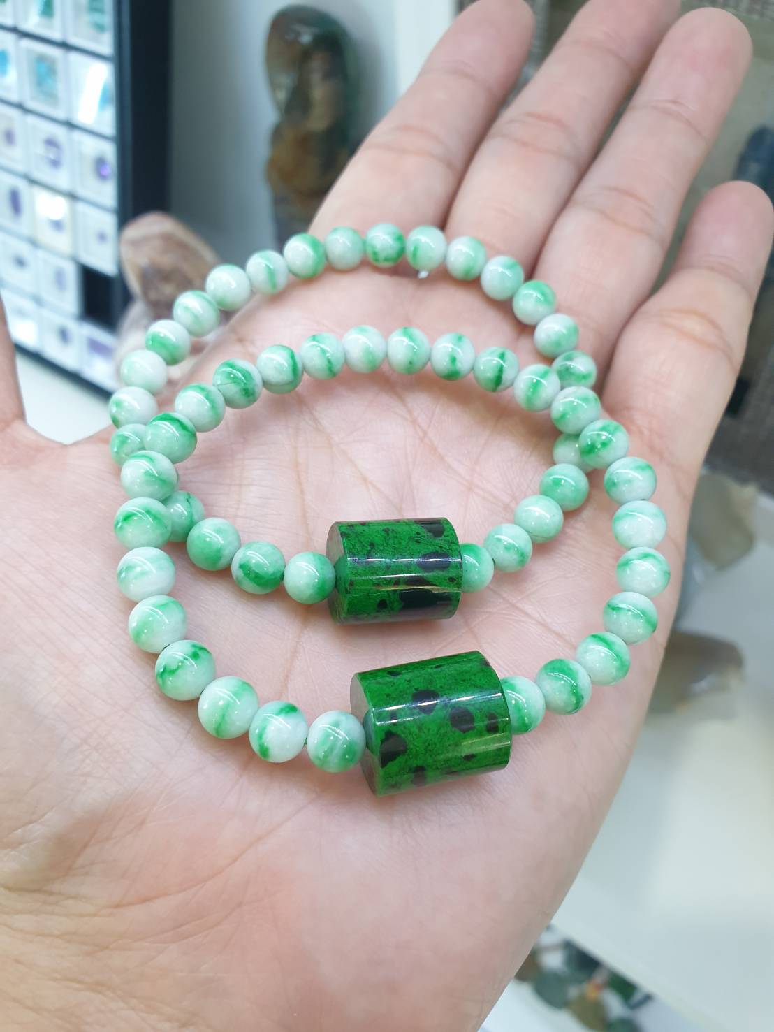 Moss in Snow Jade Bracelet with Mawsitsit | Fei Cui Type Natural Jadeite & Mawsitsit