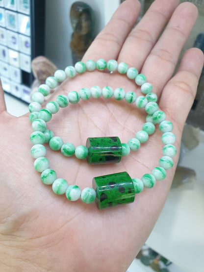 Moss in Snow Jade Bracelet with Mawsitsit | Fei Cui Type Natural Jadeite & Mawsitsit