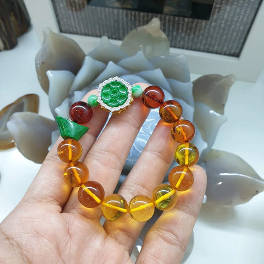 Fortune Jade, Diamond, 18K Gold & Amber Charm Bracelet | Original Fei Cui Jadeite | Solid Gold