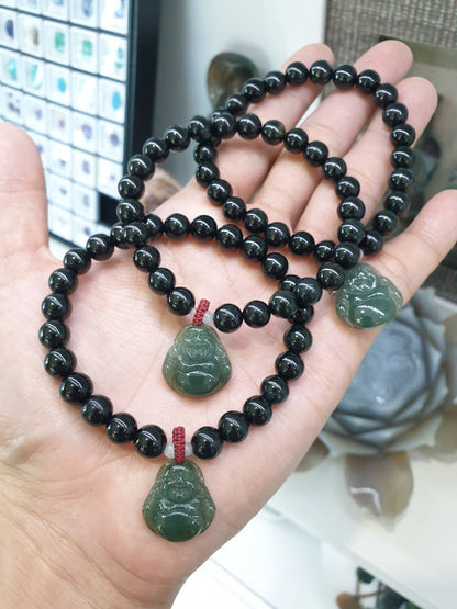 Black Jade Bracelet with Happy Buddha Charm | Original Type A Jade | Good Fortune Wrist Candy