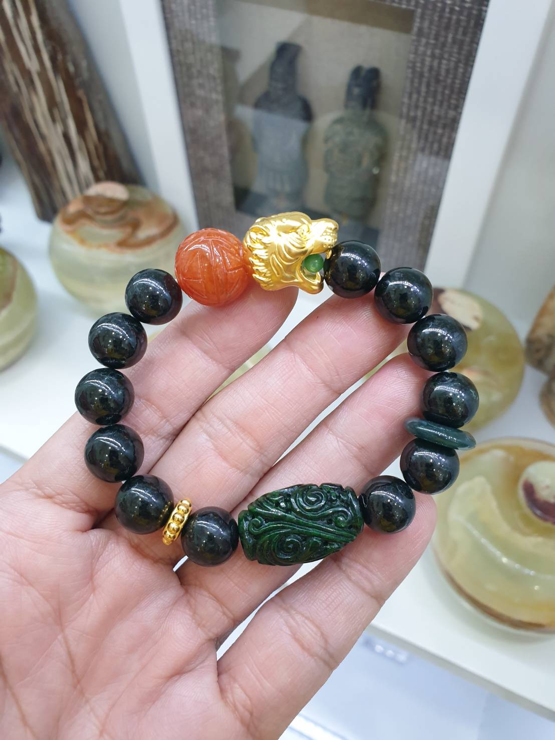 24K Gold Tiger Black Jade Bracelet | Pure Gold Tiger Charm | His or Hers Wrist Candy