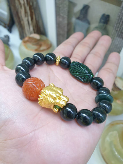 24K Gold Tiger Black Jade Bracelet | Pure Gold Tiger Charm | His or Hers Wrist Candy