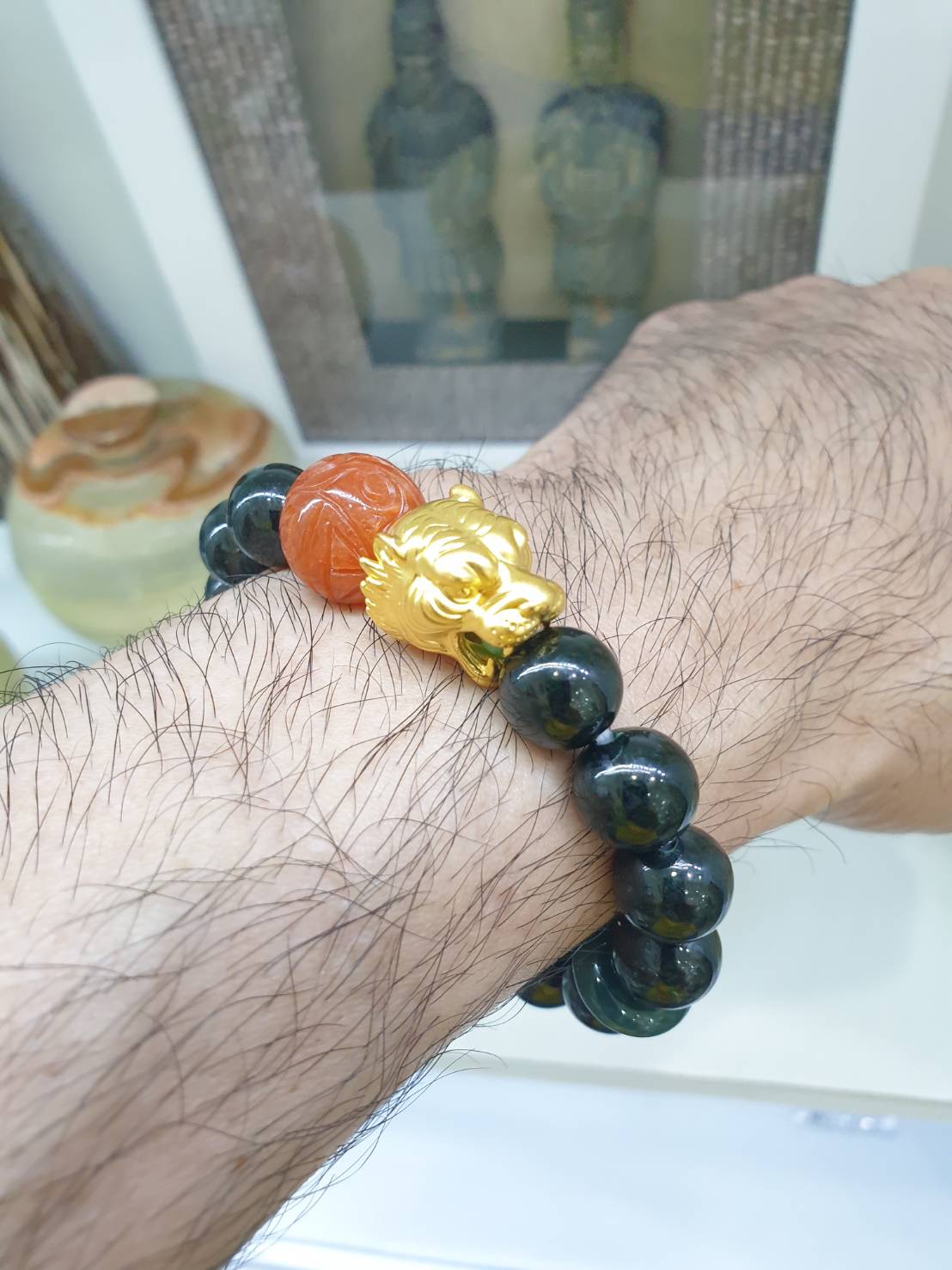 24K Gold Tiger Black Jade Bracelet | Pure Gold Tiger Charm | His or Hers Wrist Candy