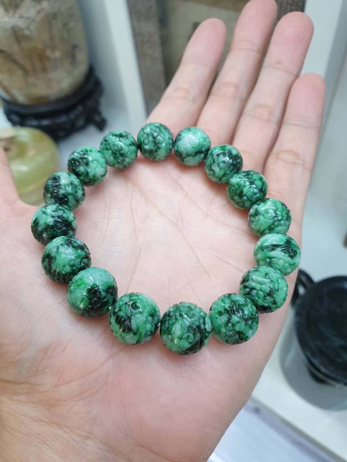Jade Ru Yi Beads Bracelet | Marbled Green, Original Jadeite Beads | His or Hers Fortune Wrist Candy