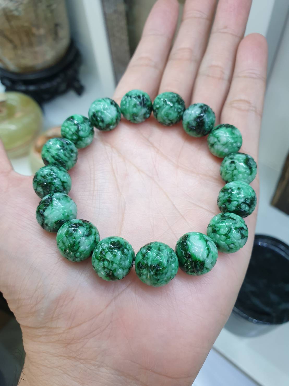Jade Ru Yi Beads Bracelet | Marbled Green, Original Jadeite Beads | His or Hers Fortune Wrist Candy
