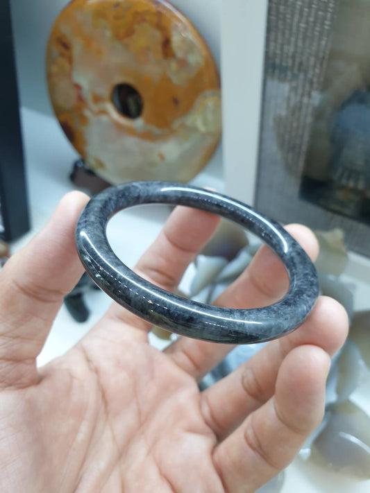Jade Cylindrical Bangle S54 Slim Type A Myanmar Jadeite Natural Black