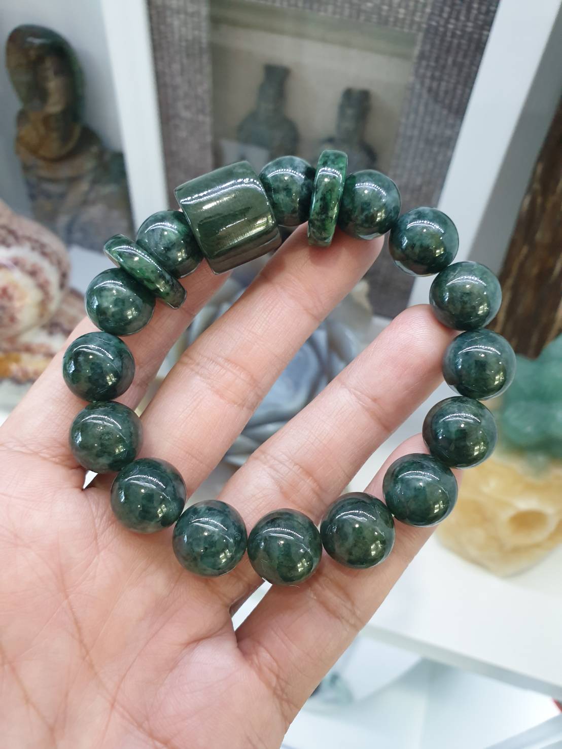 Green Jade Beads Bracelet | Ping An Kou and Barrel Charms | Authentic Type A Jadeite