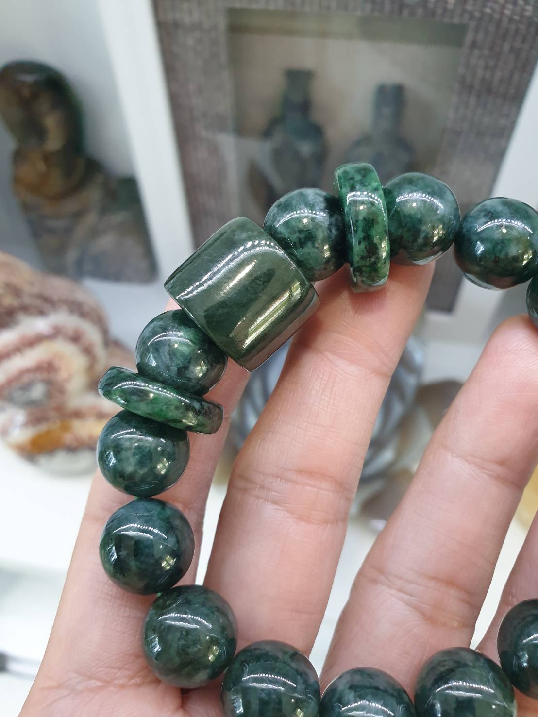 Green Jade Beads Bracelet | Ping An Kou and Barrel Charms | Authentic Type A Jadeite