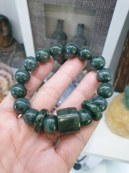 Green Jade Beads Bracelet | Ping An Kou and Barrel Charms | Authentic Type A Jadeite