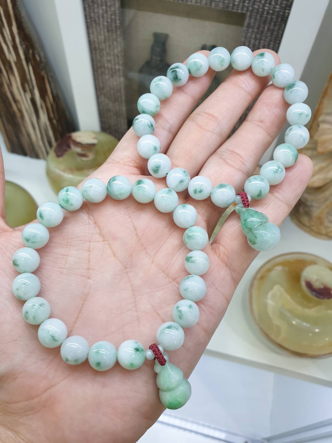Moss in Snow Jade Wu Lou Bracelet | Type A Natural Jadeite | Fortune Charm Bracelet