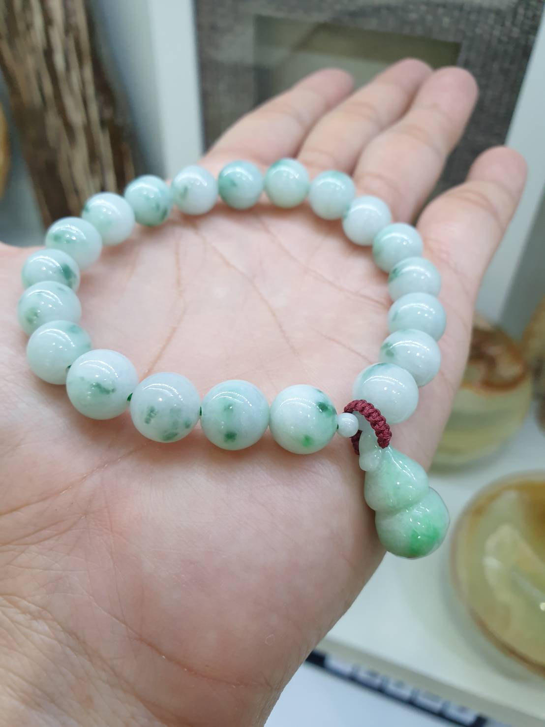 Moss in Snow Jade Wu Lou Bracelet | Type A Natural Jadeite | Fortune Charm Bracelet