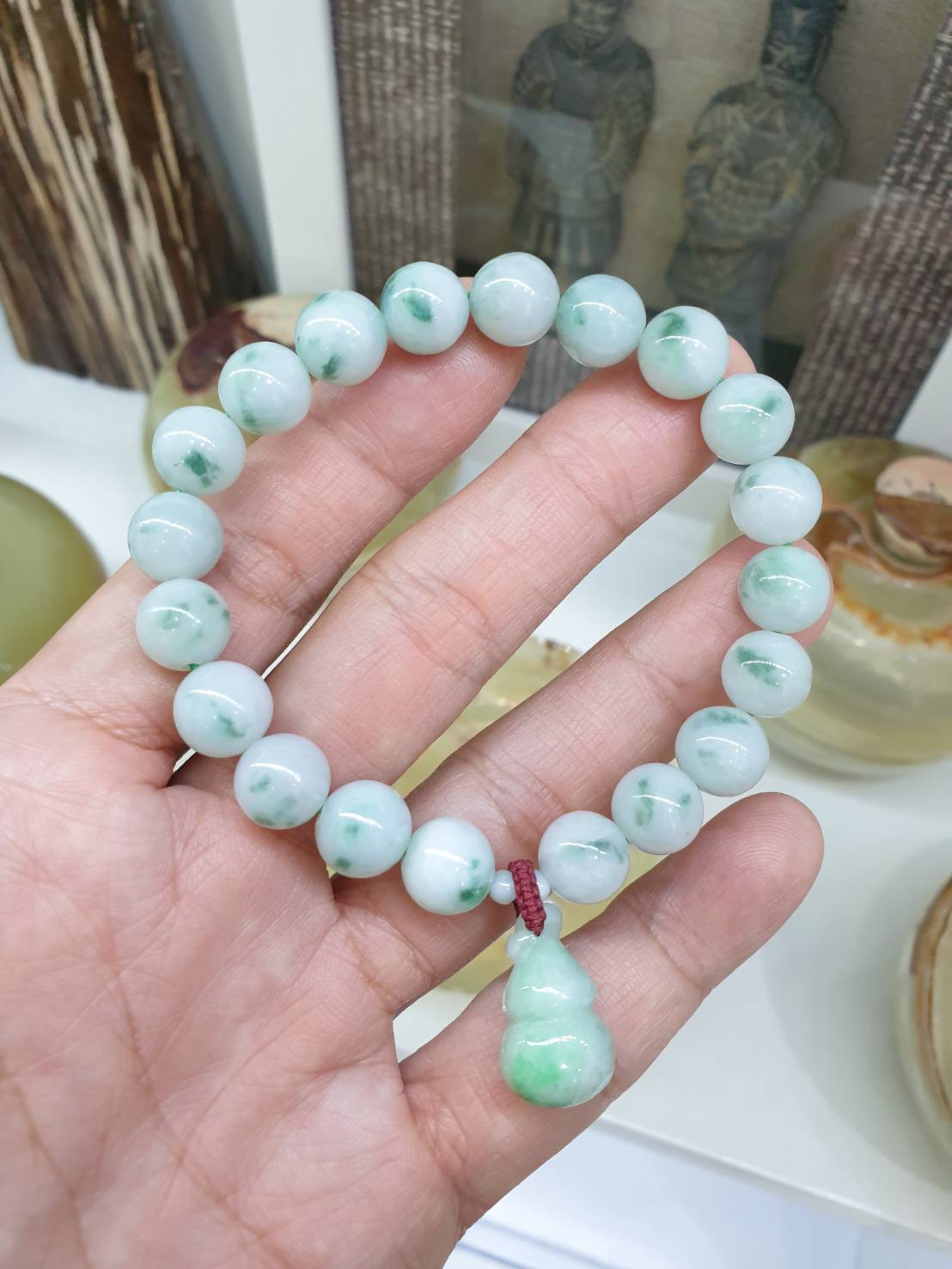 Moss in Snow Jade Wu Lou Bracelet | Type A Natural Jadeite | Fortune Charm Bracelet