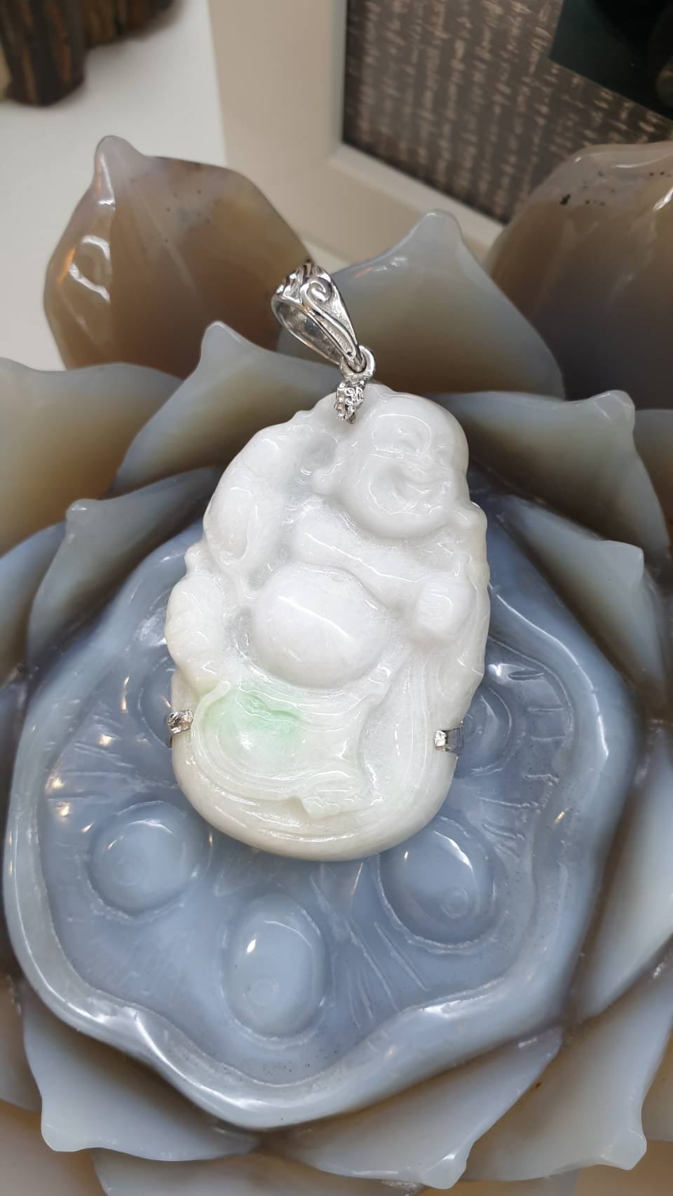 White Jade Happy Buddha Pendant | Textured Sterling Silver | Wealth & Fortune Jewelry