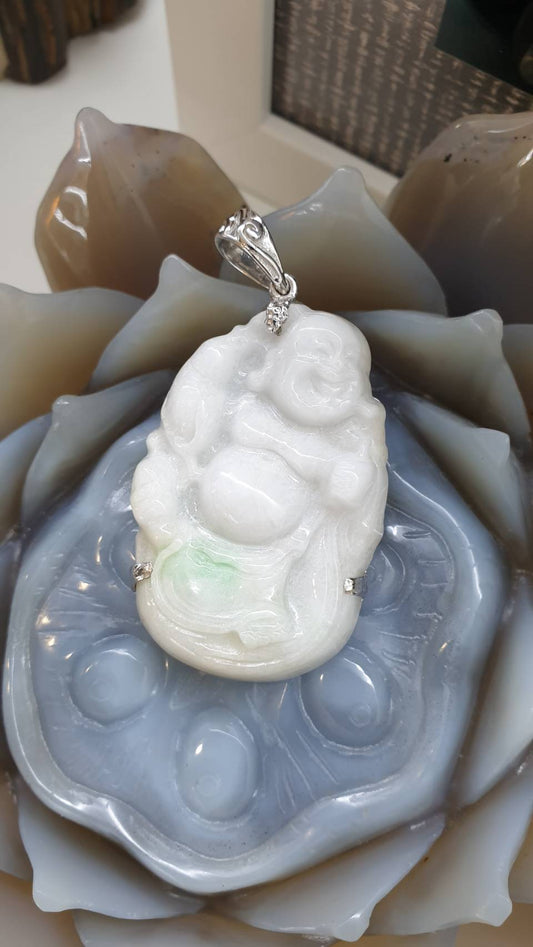 White Jade Happy Buddha Pendant | Textured Sterling Silver | Wealth & Fortune Jewelry