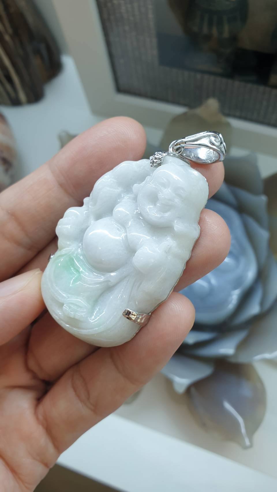 White Jade Happy Buddha Pendant | Textured Sterling Silver | Wealth & Fortune Jewelry