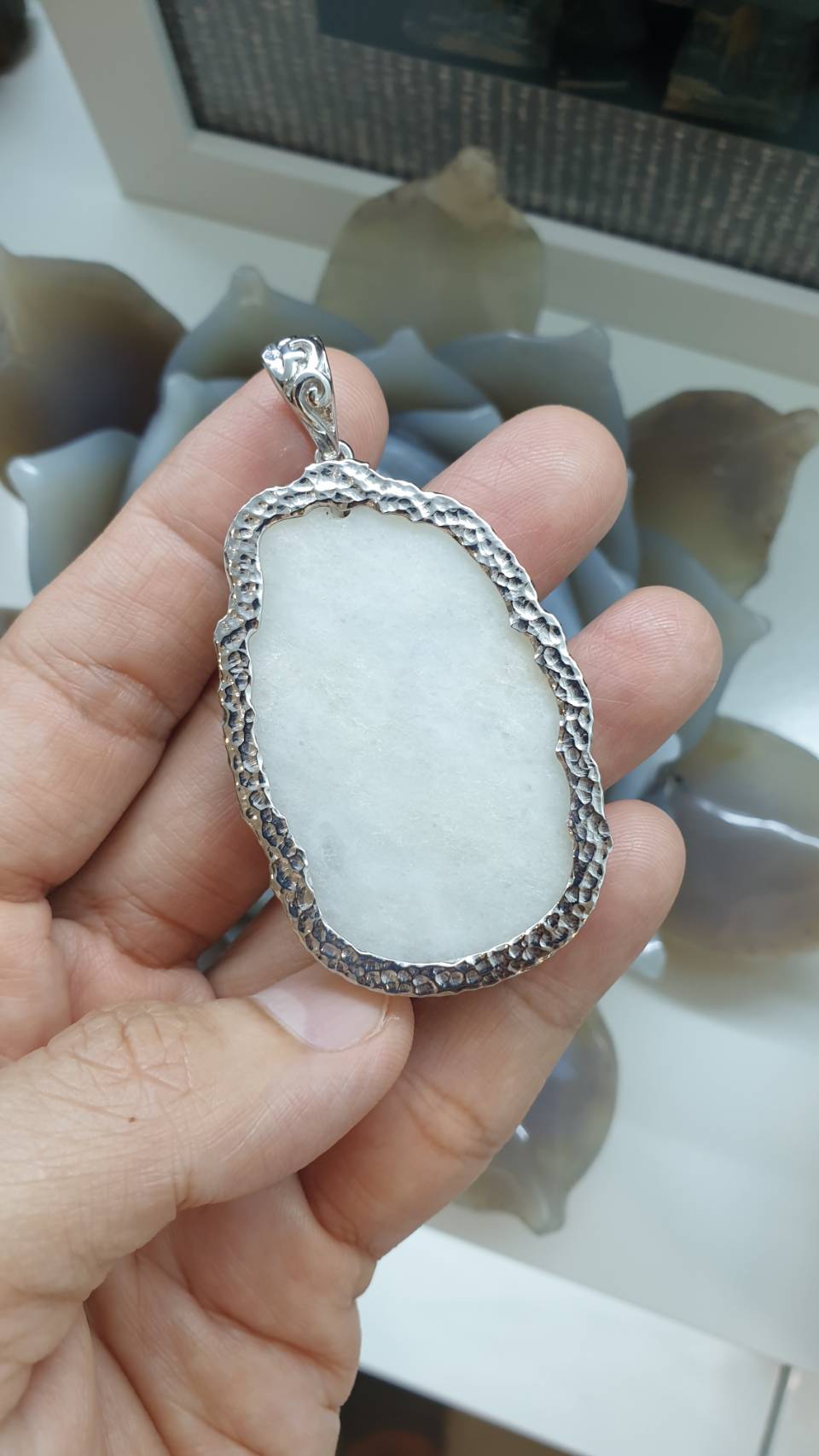 White Jade Happy Buddha Pendant | Textured Sterling Silver | Wealth & Fortune Jewelry