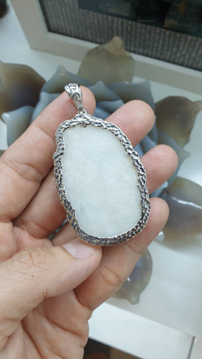 White Jade Happy Buddha Pendant | Textured Sterling Silver | Wealth & Fortune Jewelry