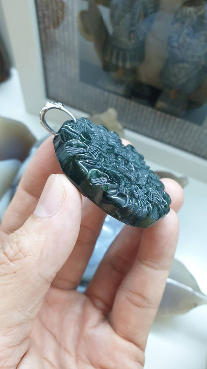 Nine Dragons Blue Jade Pendant | Sterling Silver | Authentic Natural Jadeite