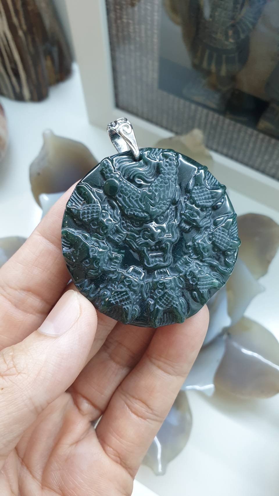 Nine Dragons Blue Jade Pendant | Sterling Silver | Authentic Natural Jadeite